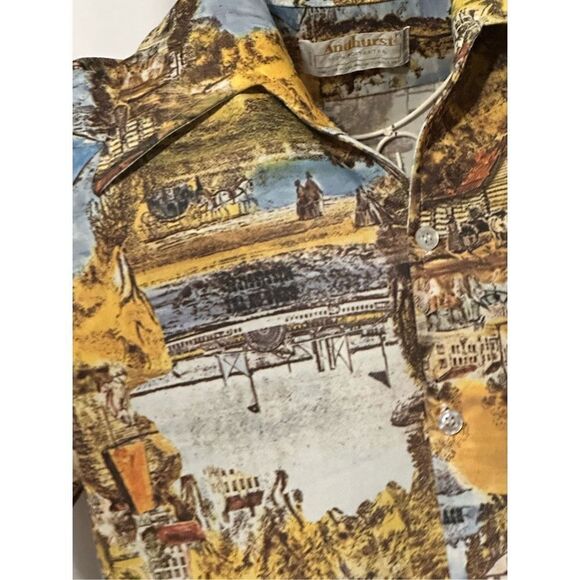 VINTAGE 70’s RARE AndHurst yellow & Blue medium Village Scenery Disco Print Shir - Picture 3 of 6